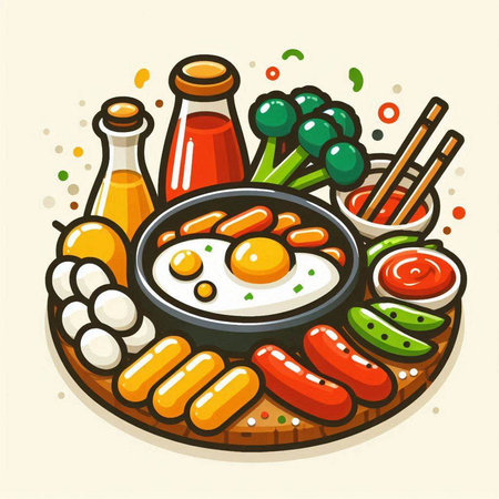 Fried egg in frying pan with vegetables and sauce. Vector illustration.のイラスト素材
