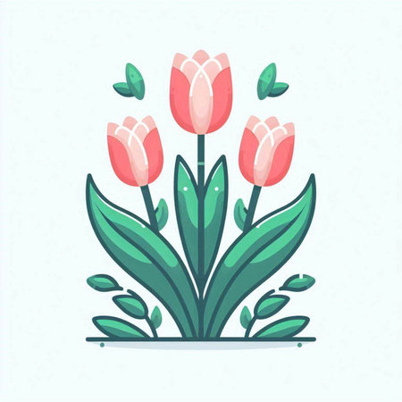 Tulip flower with green leaves in flat style. Vector illustration.のイラスト素材