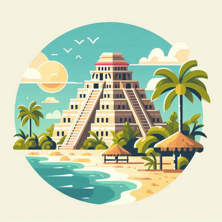Mayan pyramid on the beach. Vector illustration in flat style.のイラスト素材