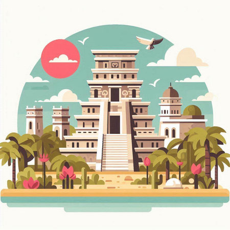 India travel vector illustration in flat style. Landscape with famous indian landmarks.のイラスト素材