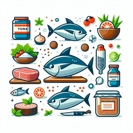 Set of fish icons. Vector illustration in flat design. Seafood and vegetables.のイラスト素材