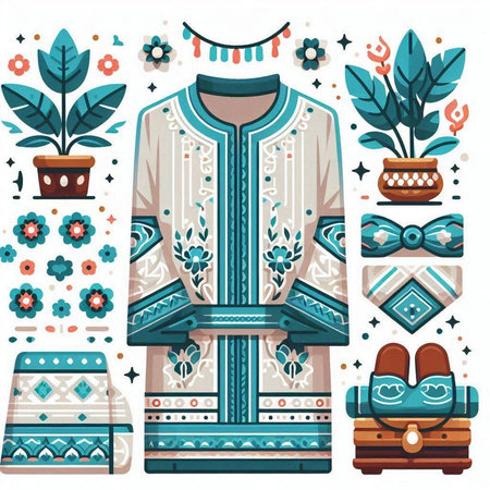 Set of ethnic clothing and accessories. Vector illustration in flat style.のイラスト素材