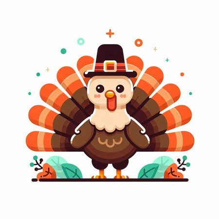 Happy Thanksgiving Day. Cute cartoon turkey character with hat. Vector illustration.のイラスト素材