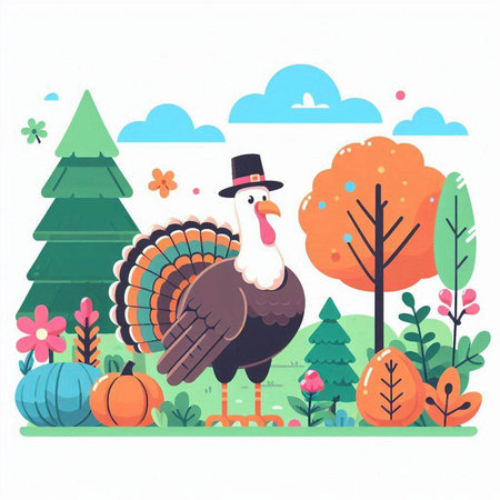 Thanksgiving day greeting card with turkey in hat. Vector illustration.のイラスト素材