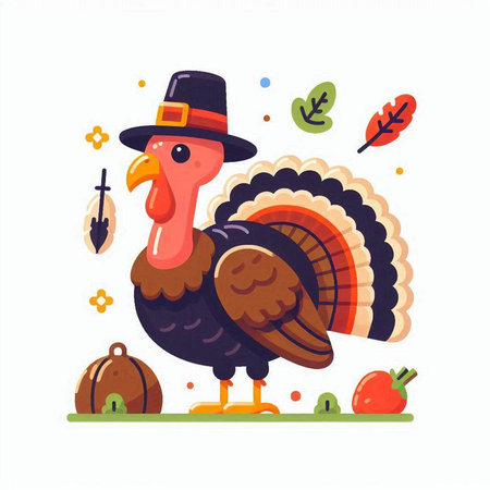 Thanksgiving day vector illustration. Cute cartoon turkey character with hat and scarf.のイラスト素材
