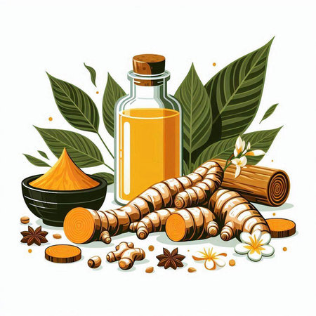Turmeric essential oil in a glass bottle with turmeric root, ginger root, cloves and cinnamon leaves. Vector illustration.のイラスト素材