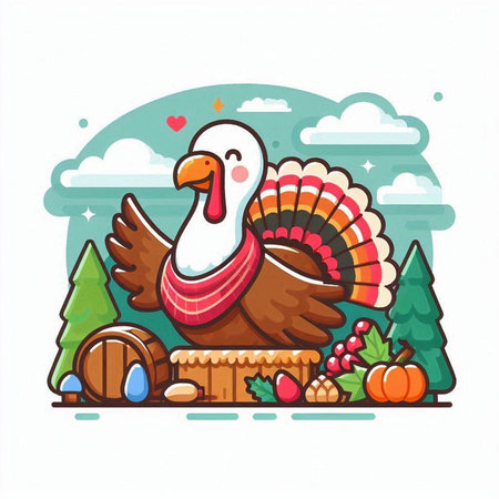 Vector illustration of Thanksgiving day greeting card with cartoon turkey. Flat style.のイラスト素材