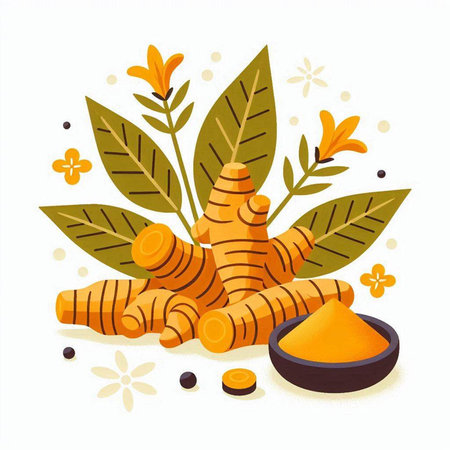 Ginger root and turmeric powder in bowl. Vector illustration.のイラスト素材