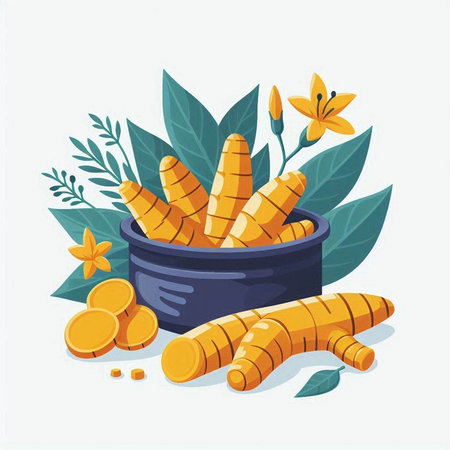 Turmeric root in a bowl with leaves and flowers. Vector illustration.のイラスト素材