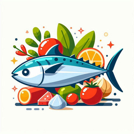 Vector illustration of fresh fish with fruits and vegetables on white background.のイラスト素材