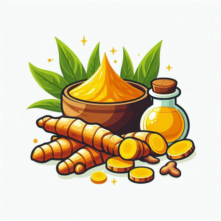 Turmeric powder in bowl with turmeric root and leaves vector illustrationのイラスト素材