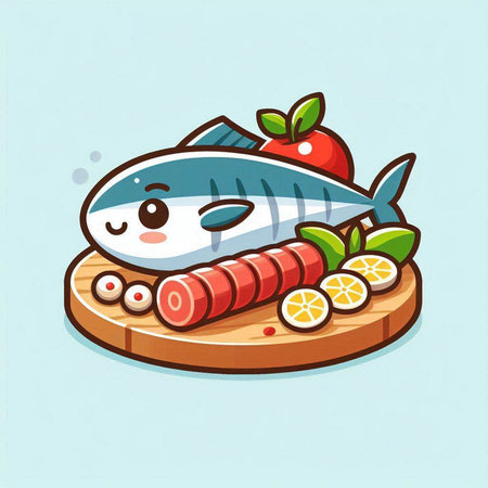 Sushi on a wooden board. Cute cartoon fish. Vector illustration.のイラスト素材