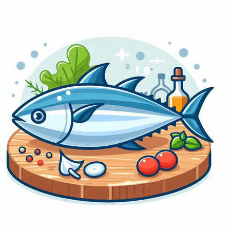 Tuna fish with lemon and tomatoes on a white background. Vector illustration.のイラスト素材