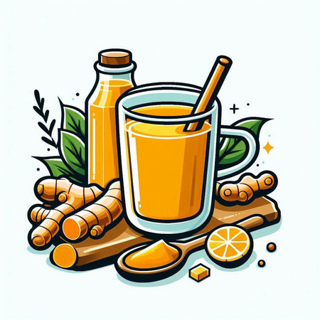 Vector illustration of fresh turmeric tea in glass with cinnamon, ginger root, lemon and honey. Detox drink.のイラスト素材