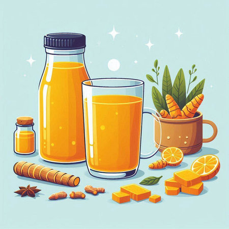 Vector illustration of a glass of fresh orange juice with ginger and cinnamon.のイラスト素材