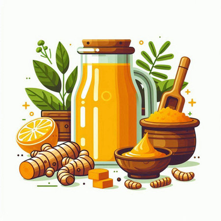 Honey in glass jar, honeycomb, honey dipper, ginger root, lemon and honey. Vector illustration.のイラスト素材