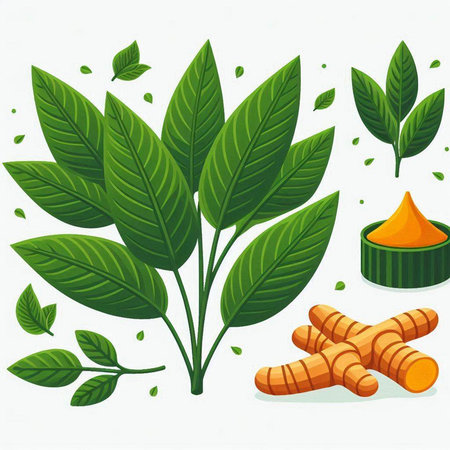 Turmeric leaves, root and powder isolated on white background. Vector illustration.のイラスト素材