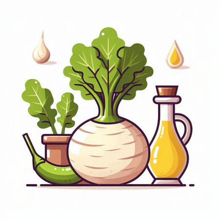 Vegetable vector illustration. Carrot, spinach, onion, mustard, olive oil, oil.のイラスト素材