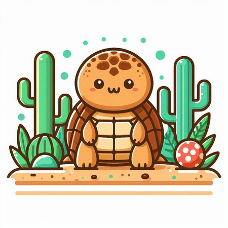 Cute tortoise in the desert. Vector illustration in cartoon style.のイラスト素材