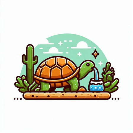 Turtle and cactus on white background. Vector cartoon illustration.のイラスト素材
