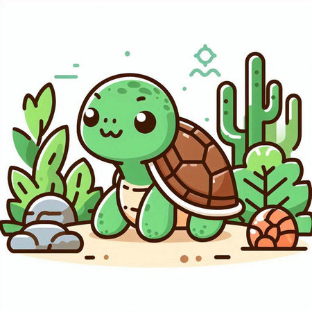 Illustration of a Cute Turtle in the Desert with Cactusesのイラスト素材