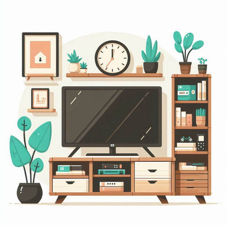 Living room interior with TV, bookshelf and plants. Vector illustration.のイラスト素材