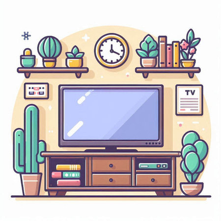 Living room interior with TV, bookshelf and plants. Flat style vector illustration.のイラスト素材