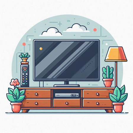 TV on the nightstand in the living room. Vector illustration.のイラスト素材