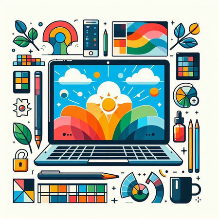 Laptop with planet on screen. Vector illustration in flat linear style.のイラスト素材