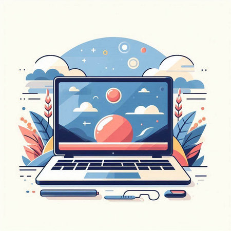 Laptop computer with globe. Vector illustration in flat linear style.のイラスト素材