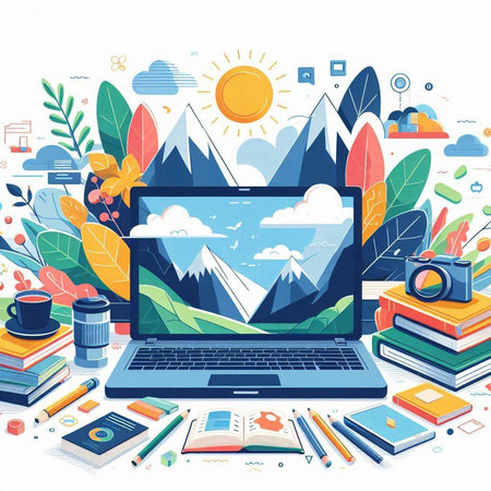 Laptop with mountains on screen, books, camera and coffee cup on white background. Vector illustration.のイラスト素材