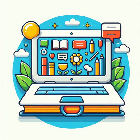 Laptop with education icons. Vector illustration in flat cartoon style.のイラスト素材