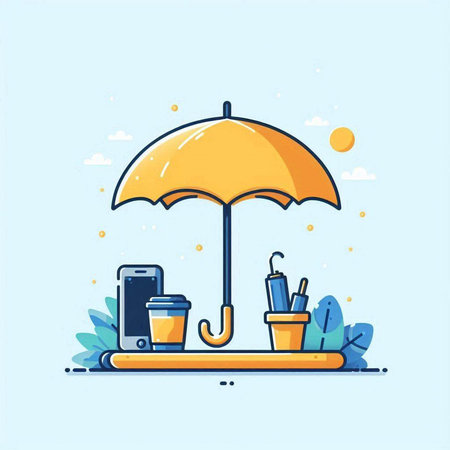 Vector illustration of a flat line design of a beach umbrella and a cup of coffeeのイラスト素材