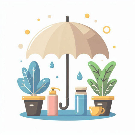 Umbrella, shampoo, water drops and plants. Flat style vector illustration.のイラスト素材