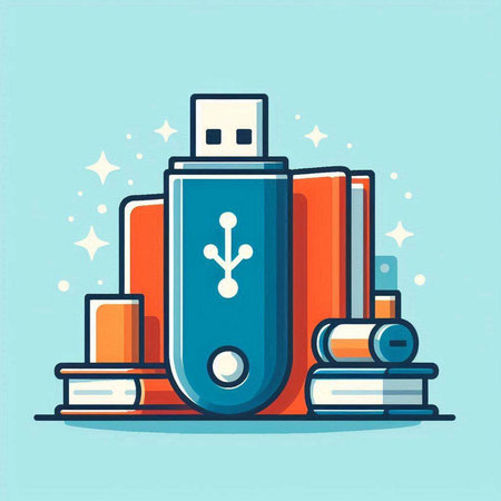 Usb flash drive and books, vector illustration in flat style.のイラスト素材