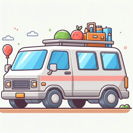 Van with luggage on wheels. Vector illustration in flat cartoon style.のイラスト素材