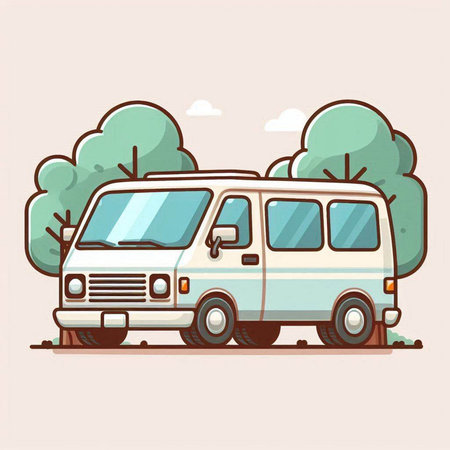 Retro camper van with trees in the background. Vector illustration.のイラスト素材