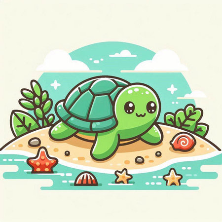 Cute turtle on the beach. Vector illustration. Cute cartoon character.のイラスト素材
