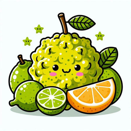 Cute kawaii kaffir lime fruit character vector illustration.のイラスト素材