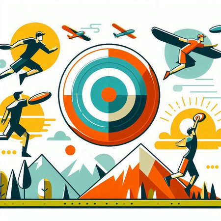 Vector illustration of an archery target on a background of mountains.のイラスト素材