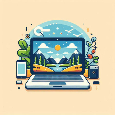 Laptop with landscape and mountains on screen. Flat style vector illustration.のイラスト素材