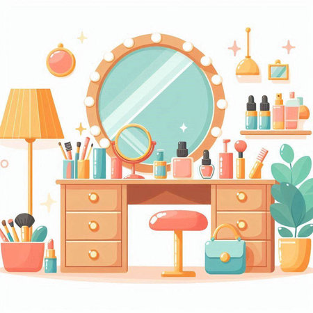 Vector illustration of a girl's room with a dressing table, mirror and cosmetics.のイラスト素材
