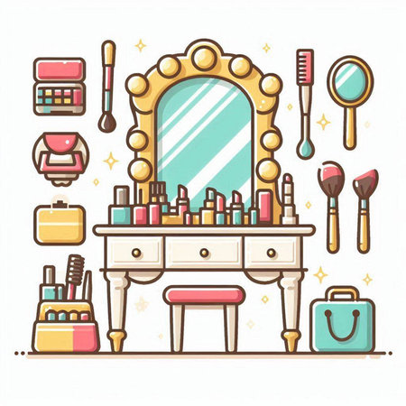 Vector illustration of a woman's dressing table with cosmetics and accessories.のイラスト素材