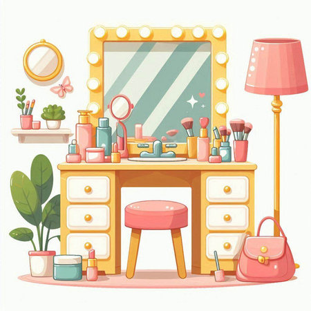 Vector illustration of a dressing table with a mirror and cosmetics in cartoon styleのイラスト素材