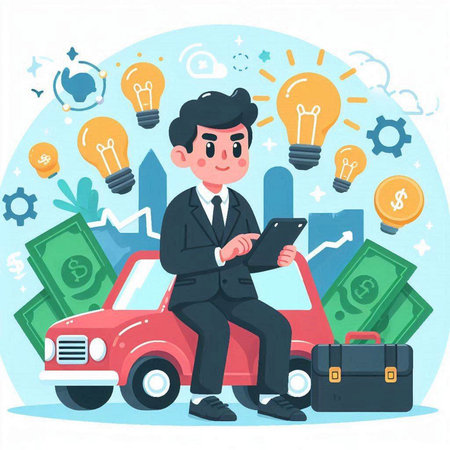 Businessman with a tablet and a red car. Vector illustration.のイラスト素材