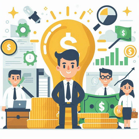 Businessman with lightbulb and business people. Vector flat illustrationのイラスト素材