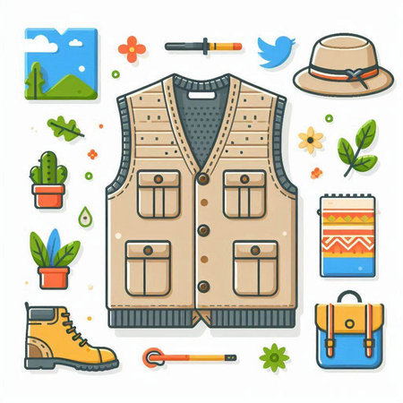 Illustration of a hunting vest on a hanger isolated on a white backgroundのイラスト素材