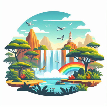 Waterfall landscape, vector illustration in flat cartoon style. Landscape with waterfalls, lake, mountains and trees.のイラスト素材