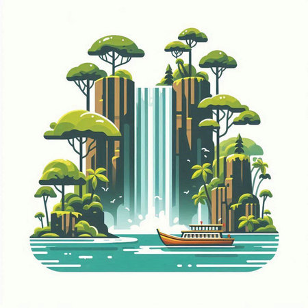 Waterfall in the jungle with a boat and trees. Vector illustrationのイラスト素材
