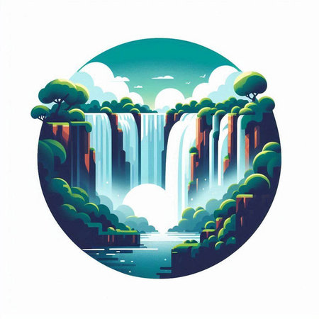 Waterfall on the river in the forest. Vector illustration in retro style.のイラスト素材
